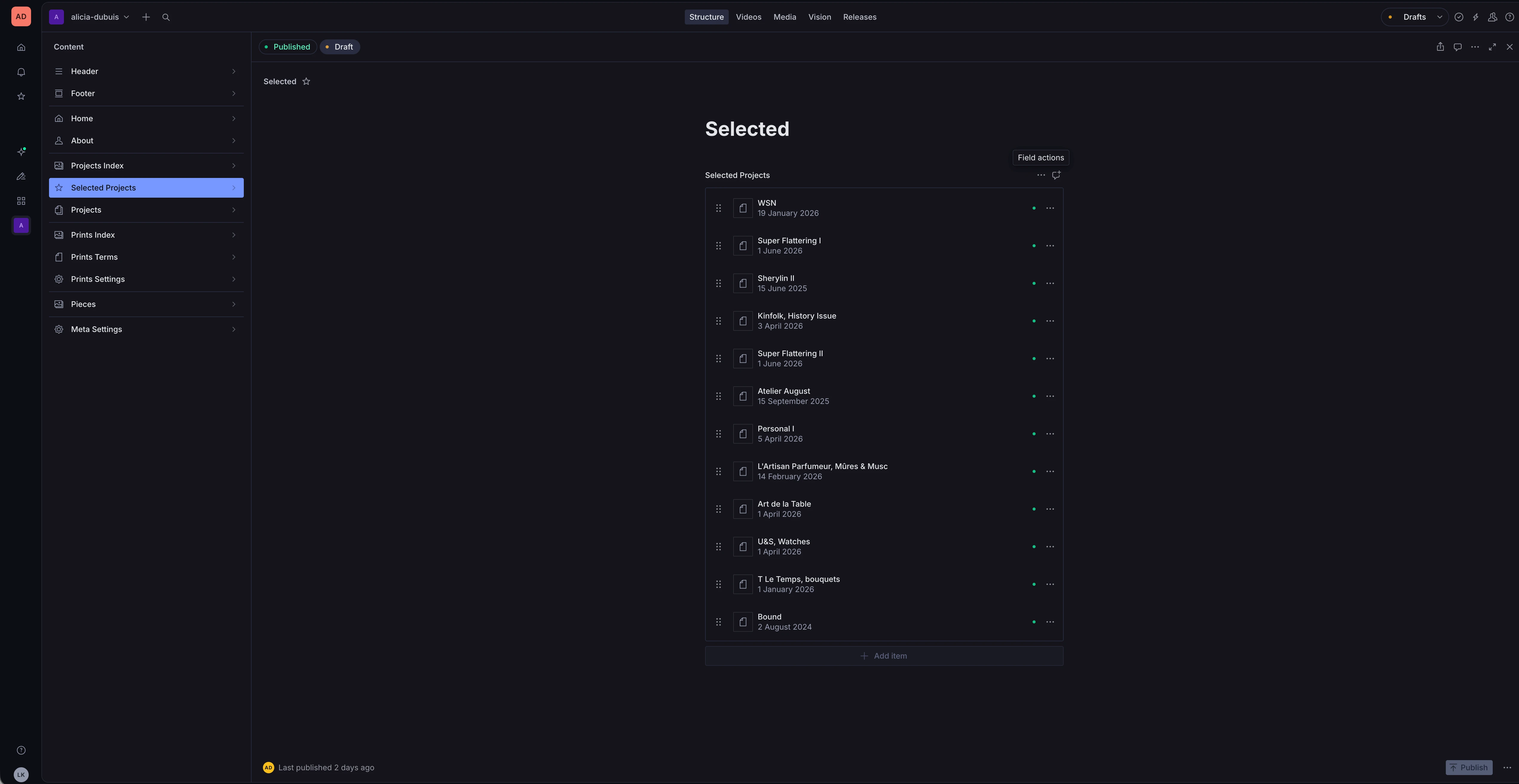 Screenshot of the Sanity CMS studio Alicia Dubuis uses to manage her gallery site’s pieces, prints, and navigation