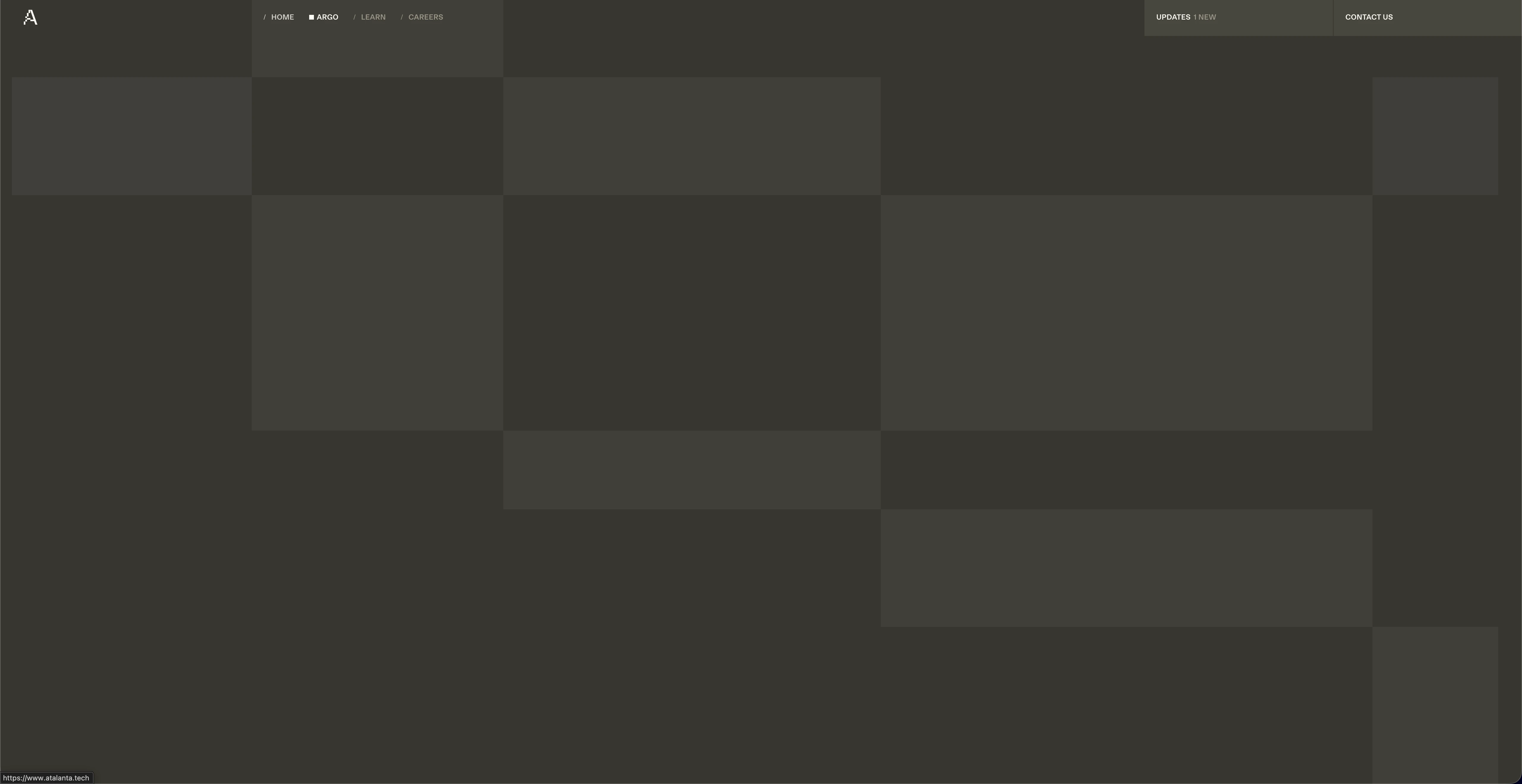 Procedural grid pattern of filled cells growing from the bottom of the screen, used for Atalanta Tech’s page-transition animation