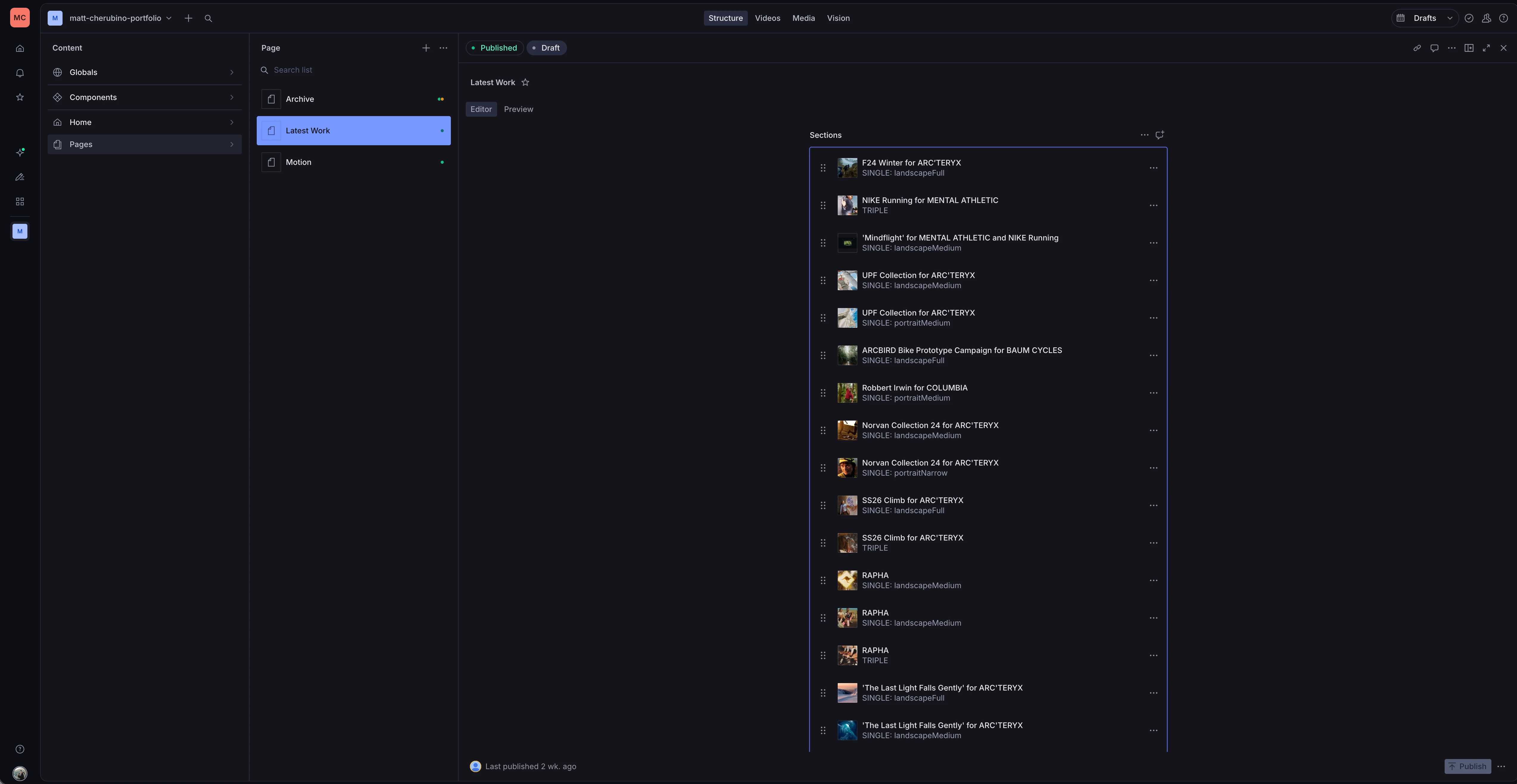 Screenshot of the Sanity CMS studio showing the “Latest Work” content editor for Matt Cherubino’s site